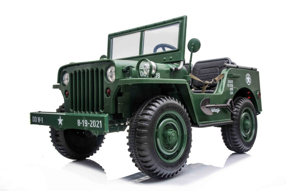 Elektrické autíčko Jeep vojenský Willys, Retro USA ARMY,LED svetlá, Sklápacie čelné sklo,24V7AH, motor 4x90W, zelená farba