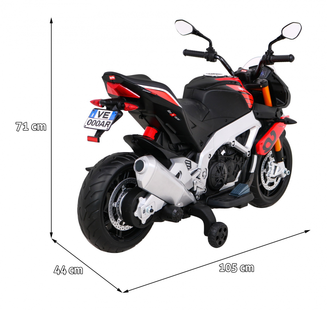 Elektrická Motorka APRILIA TUONO V4, Licencované, 12V batéria, EVA mäkké kolesá, 2 x 35W motor, Odpruženie, pomocné kolieska, červená farba
