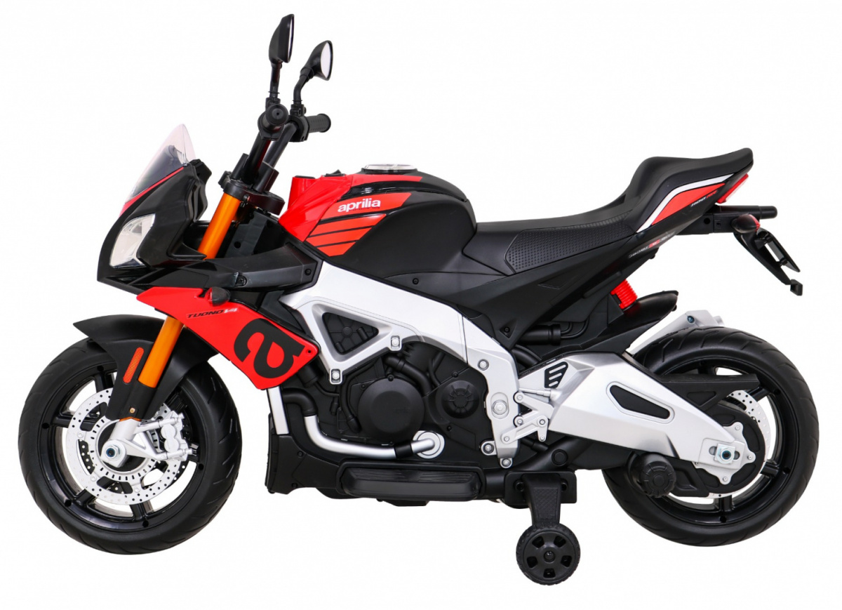 Elektrická Motorka APRILIA TUONO V4, Licencované, 12V batéria, EVA mäkké kolesá, 2 x 35W motor, Odpruženie, pomocné kolieska, červená farba