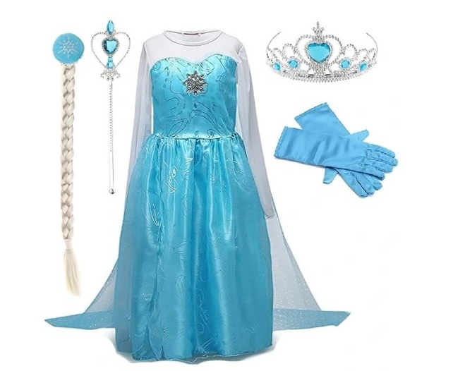 Karnevalový kostým Elsa 4-5 rokov, korunka, palicka, vrkoč a rukavice