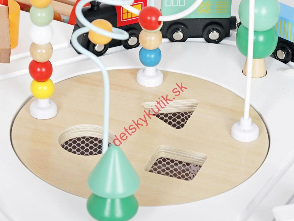 Drevený multifunkčný stolík pre deti s autodráhou, ihriskom 