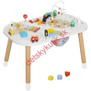 Drevený multifunkčný stolík pre deti s autodráhou, ihriskom 